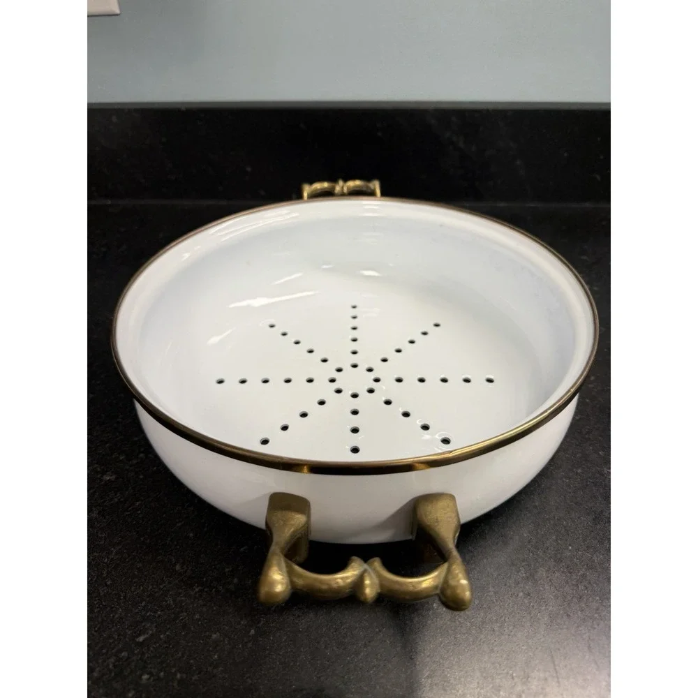 Vintage Bon Chef White Enamel Steamer Pan w Lid Brass Handles Buffet Ware